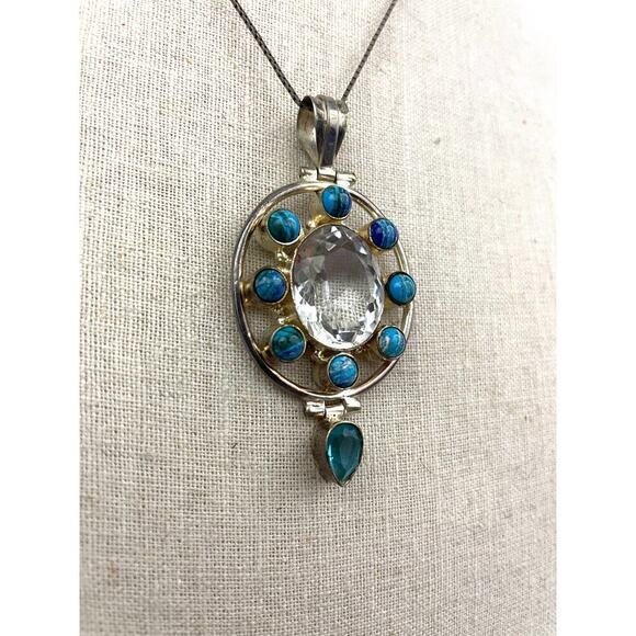 VTG 925 Silver Blue Clear Pendant Italy Chain Necklace Cluster 18" - Picture 10 of 16